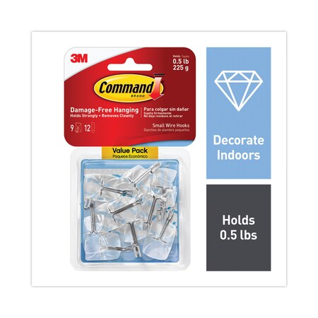 Command Clear Hooks and Strips, Plastic/Wire, Small, 9 Hook, 12 Adhesive Strip 17067CLR-9ES